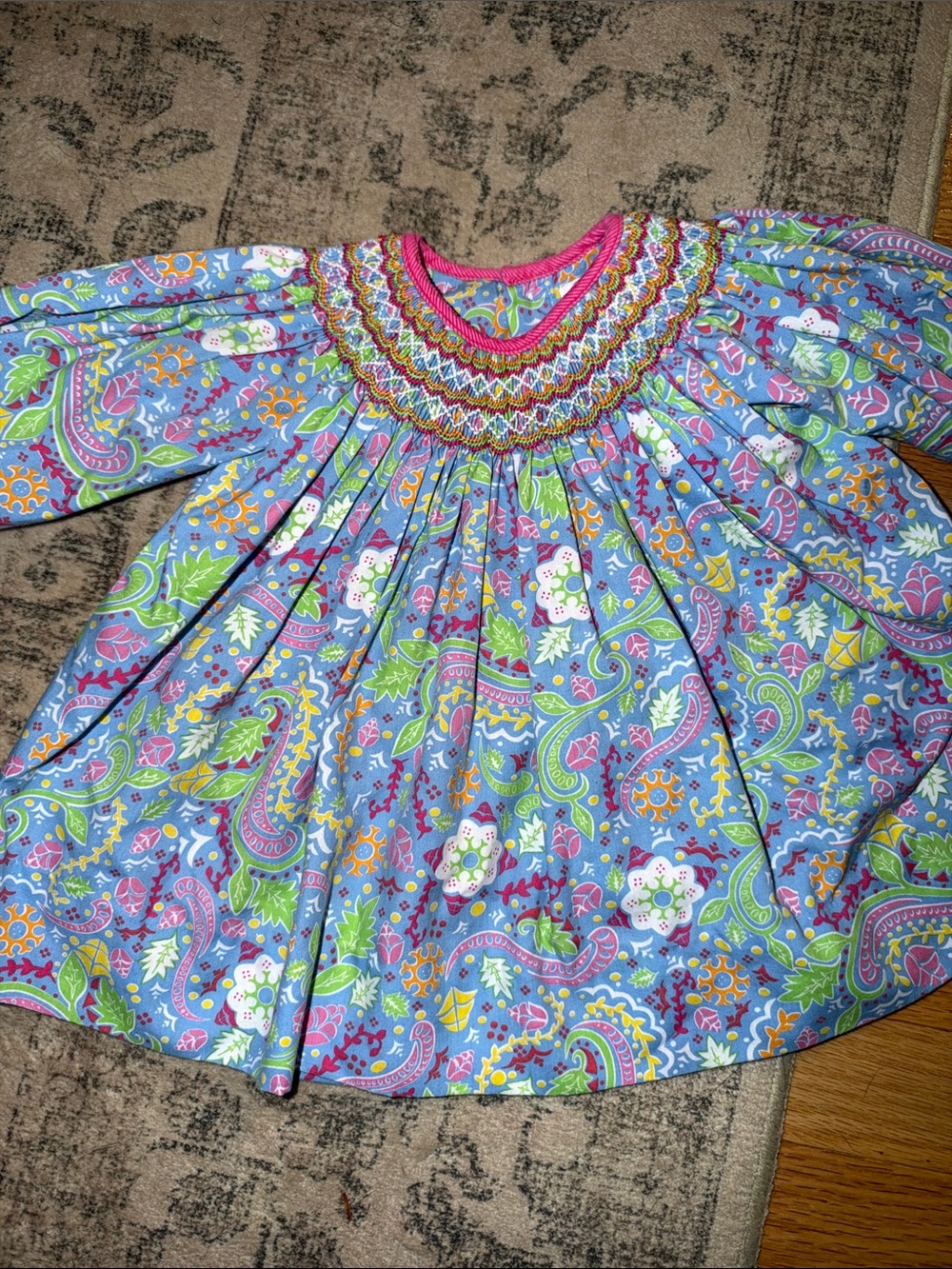 Vintage Petit Ami Hand Smocked Paisley Flower Bishop Dress Blue Pink 6M 2397